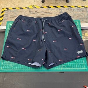 AFTCO Navy Swim Trunks with Shark Print (red American flag)